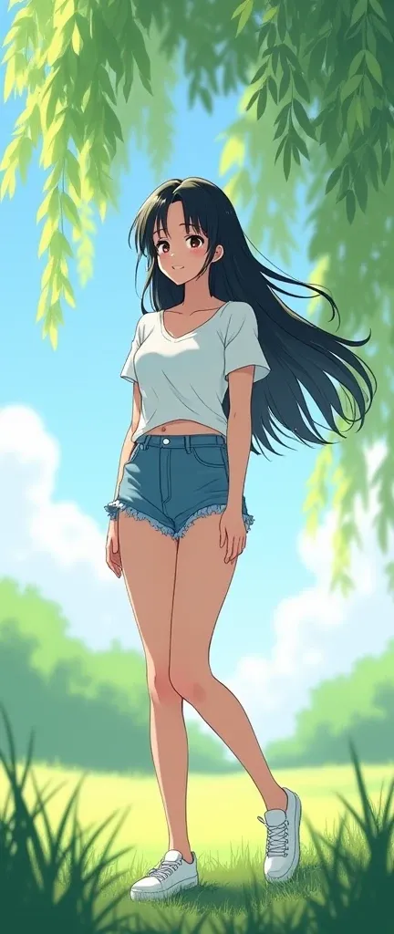 Summer，Kawabe Yanagi ， the breeze ，Smiling woman，White T-shirt， short hot pants ， long legs，White shoes， long black flowing hair