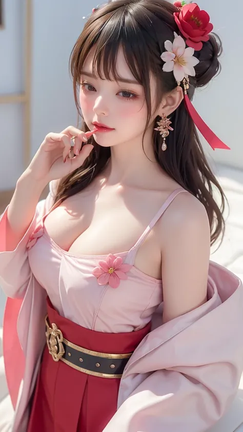  1 Girl, jewelry, earrings,  unique , Hair accessories,  with eyes closed ,  Chinese Clothes , flower, Black Hair,  red lips, hair flower, Bare shoulders, cosmetic, skirt,  gradient leggings with sleeves over , Long sleeve, Wide sleeves, flower瓣, Vague,  b...