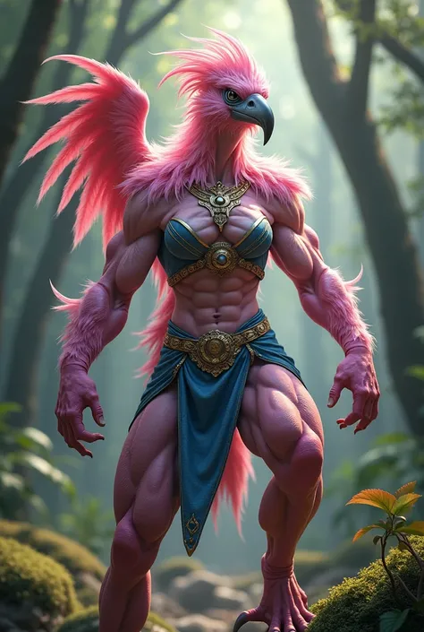  Imagine a humanoid creature with characteristics of a flamingo ,  showing off a strong and athletic body .  Its skin is a mix of pink and purple tones ,  with iridescent feathers that reflect light in a way enchanting .  The muscular torso is covered by a...