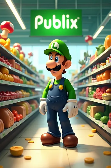 Luigi from mario standing inside a pubix