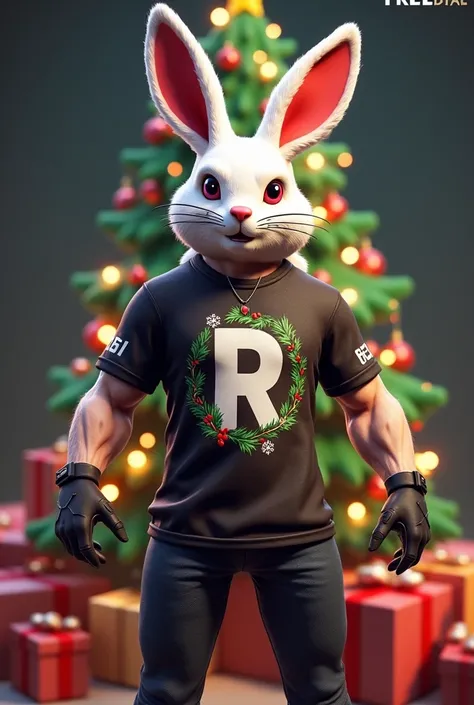 Male game-style character Free Fire ,rabbit mask, rabbit shirt with Christmas details written “R” with the background with Christmas tree and gifts 