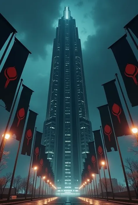 Huge and soaring cyberpunk futuristic skyscraper with dark flags with a circular red symbol in the middle and white stripes hanging from the walls, lights and streetlights ,  night sky, the tallest tower  