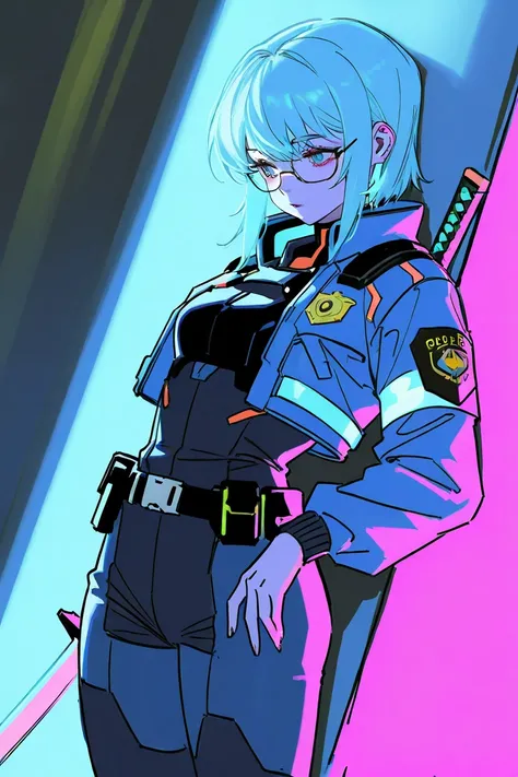 simple sketch,  color sketch drawing, sketch of the character standing , Girl police officer , long light blue hair,  clothing of a futuristic cyberpunk agent , with glasses, with accessories,  leaning on a futuristic katana sword