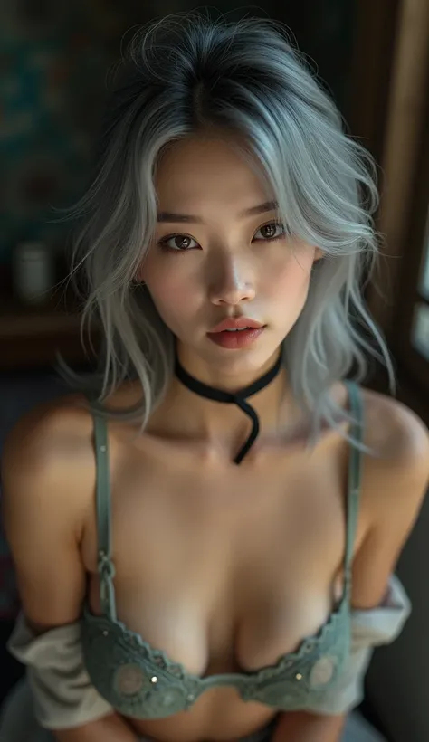 best quality, ultra high res, (photorealistic:1.4), pretty girl, nudes, nudes, black choker, (faded ash gray hair:1), medium breasts, looking at viewer, closeup, (pretty face) , southeast asia girl, gorgeous asian. 