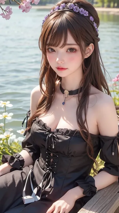 A girl with long dark brown hair , black eyes,  she is wearing a black Victorian dress ,  is sitting in a lake full of purple flowers , in anime 
