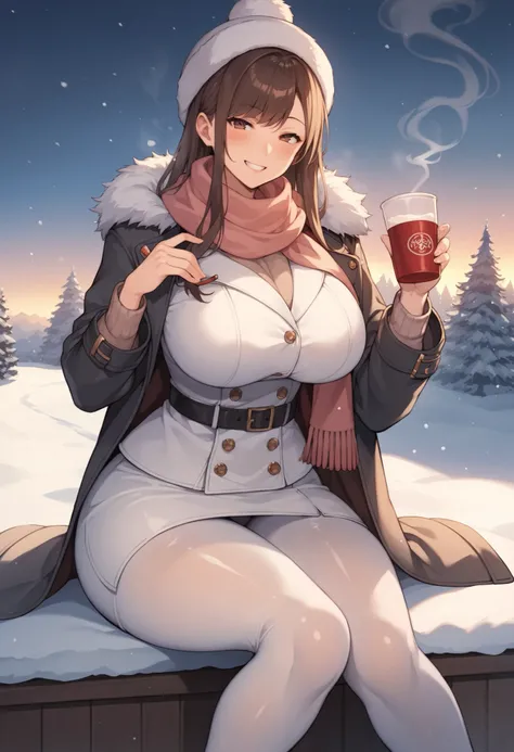 score_9, score_8_up, score_7_up, uncensored, source_anime, 1girl, solo,  shiny skin, huge breasts, thick thighs, wide hips, big ass, looking at viewer, seductive smile, grin, blush, long hair, brown hair, coat, pantyhose, scarf, winter clothes, seductive, ...