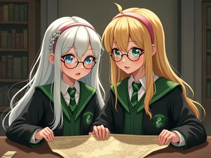 One Slytherin girl with one side braid, white hair, light blue eyes, wearing frameless glasses, and a friend of long golden hair, light blue eyes, wearing a pink headband.
Looking at the old map、Theyre wearing a black robe with a green border. .、Hes wearin...