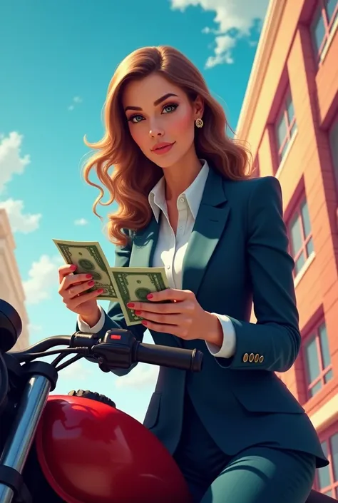 Woman counts getting paid on a motorcycle in executive costume charging animated