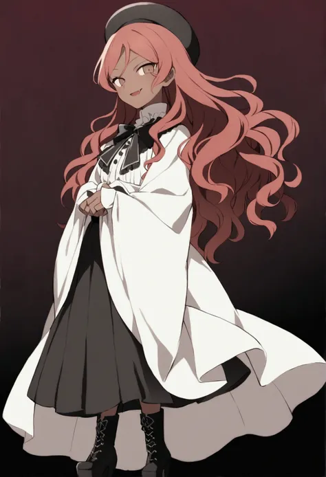  An anime girl in the style of Bungo stray dogs ,  brown eyes,  reddish hair but in a dark shade , semi tanned skin, fangs,  wears a short Victorian dress above the knees with an elegant poncho, a beret,  black platform boots , smile of evil, wavy hair dow...