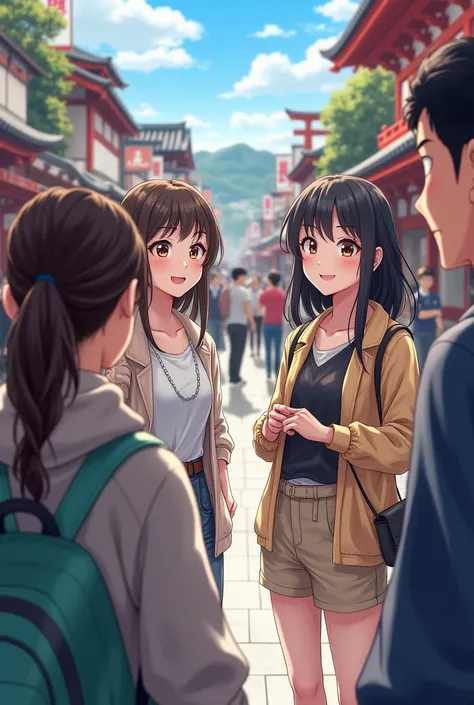 two girls meeting and talking to foreign people at a popular place in japan