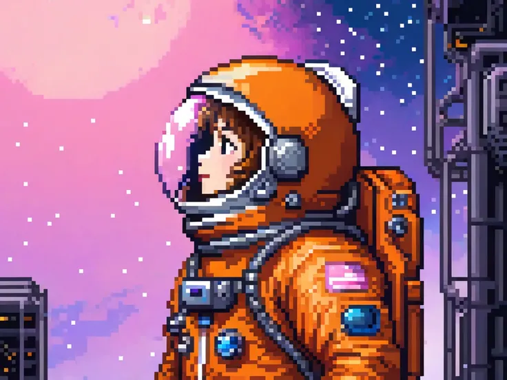 An astronaut in an orange spacesuit is looking up at the sky, which is pink,8bit, pixel art