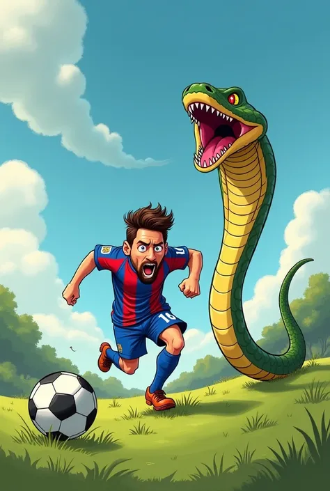 } A cartoonish and humorous illustration of a soccer player , similar to Lionel Messi ,  running frightened by a grassy field while a giant snake chases him.  The player has an exaggerated expression of panic ,  with wide eyes and an open mouth ,  wearing ...