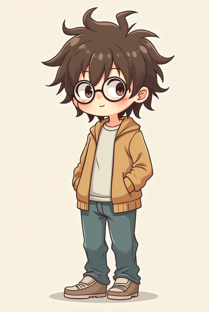 Untidy brown hair with casual clothes, round lenses and nerdy anime-like appearance.