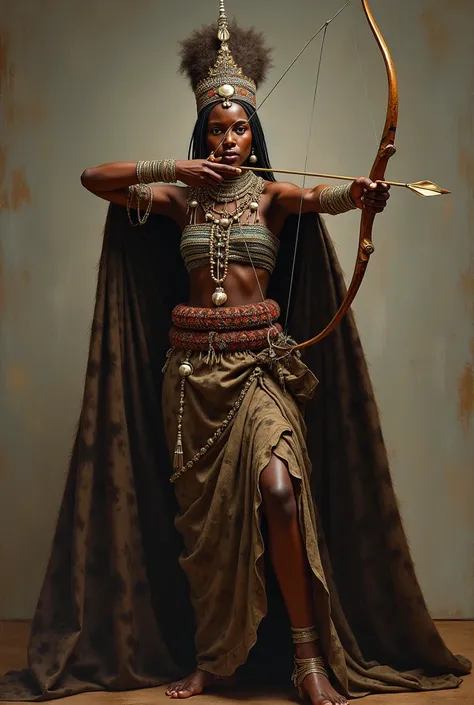 Make a portrait of Queen Njinga Mbandi pointing a bow and arrow at the viewer in 18th-century Angolan costumes, with animal skins