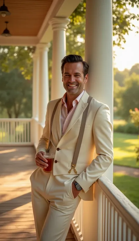 Georgia
"A Southern gentleman symbolizing Georgia, dressed in a fitted cream-colored three-piece suit with a light pastel shirt and suspenders. He’s holding a glass of sweet tea in one hand and leaning casually against a wooden porch railing. His slicked-b...