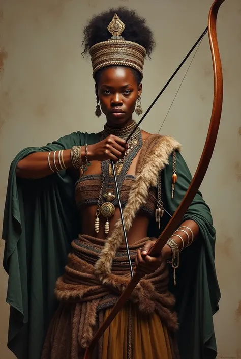 Make a portrait of Queen Njinga Mbandi pointing a bow and arrow at the viewer in 18th-century Angolan costumes, with animal skins