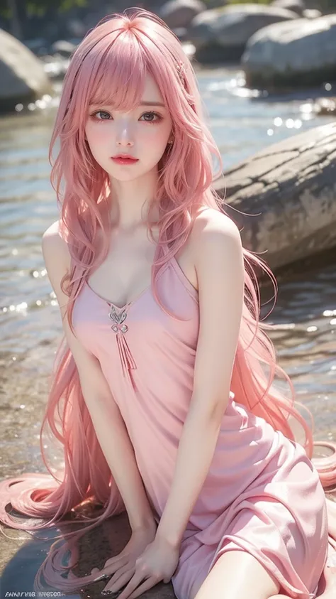 （ Woman with pink hair and pink dress in the water, Guvitz, Guvitz-style artwork,  trending on cgstation , Pink flowing hair, guweiz masterpiece, Long pink flowing long hair , Pics on Pixiv ArtStation, with pink hair,  Guweiz takes a group photo ,  was ins...