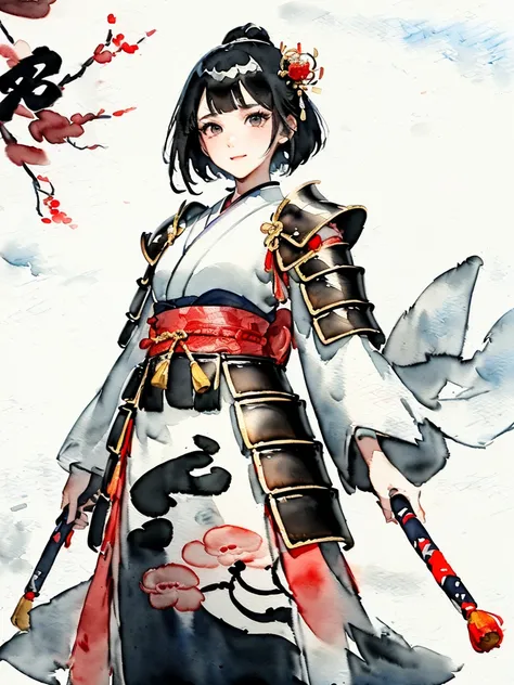 (((woman、samurai、 black hair、 princess cut、笑face、 Japanese armor、笑face)))、(((((((Chinese Ink Painting，Watercolor， Japanese armor,)))))))，((1womansamurai,Japanese Beauty,Alone,))(masterpiece, top quality,  Official Art , Beautiful  aesthetic:1.2),(( super h...