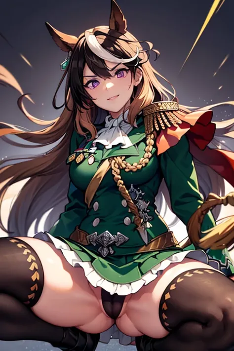 symboli rudolf,One person、girl、Horse tail、purple eyes、best quality,large breasts,Green coat, green military jacket, green skirt, red cloak,White gloves, black tights,golden epaulettes ,Medals, gem,Button closure, full body,seductive smile,Perfect hands、(sk...