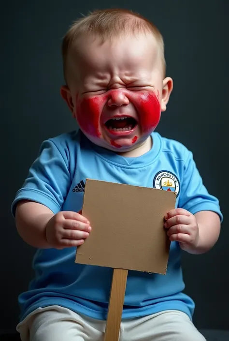 realistic photo of a crying baby with manchester city jersey and holding a board , red paint on face