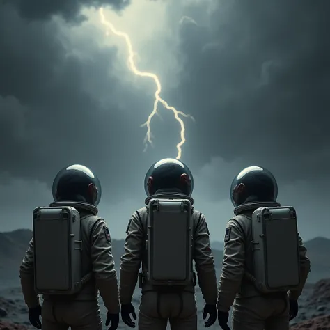  a photograph where 3 chimpanzees appear in astronaut suits and on their backs watching a devastating storm come their way, This happens in space in a gray mercury  