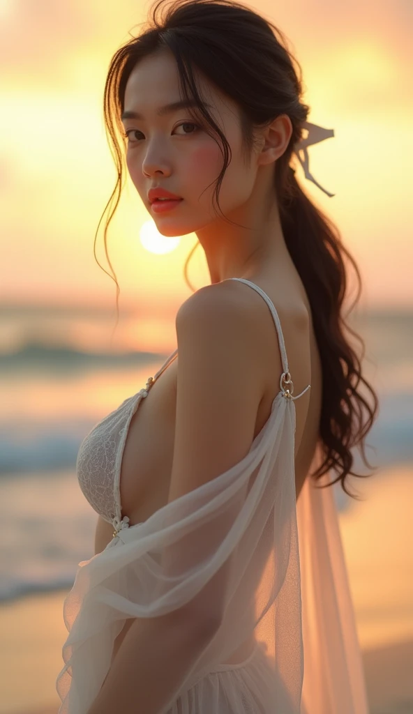 super close-up macro photography of chest, focus on chest, A beautiful Japanese girl on the beach with spreading legs with knees bent, facing her body forward, Sexy camel toe, Refreshing light,  Detailed face and eyes, Fine skin, medium long pulled back ha...