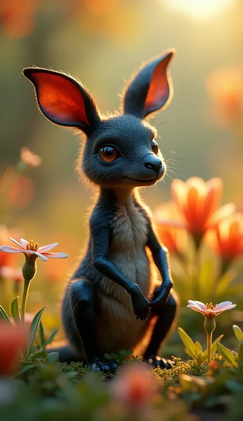  A baby kangaroo with an ants head  , Hes half ant and half kangaroo in an ant body , It looks a lot like an ant, Does it have black hair  ,  hes in a garden with flowers that shine 