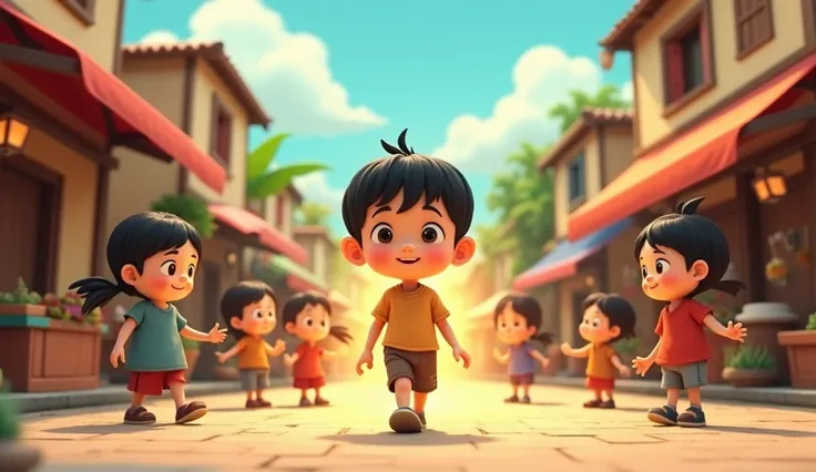 "A rubber hose-style animated village scene with bustling streets and playful characters. In the center, a young boy with smooth black hair, a round face, and oversized eyes walks calmly, a glowing aura surrounding him. Villagers with exaggerated, whimsica...