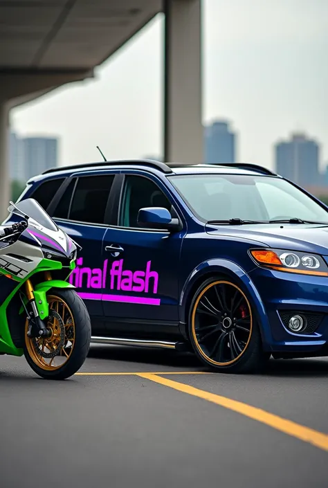 A Hyundai Santa Fe model 2007 dark blue car with black rims with dark blue tunnig that on the doors is written Final Flash in litmus and purple stripes decorating the cover on and next to the car is a Kawasaki ZX6 green and white motorcycle with gold tunin...