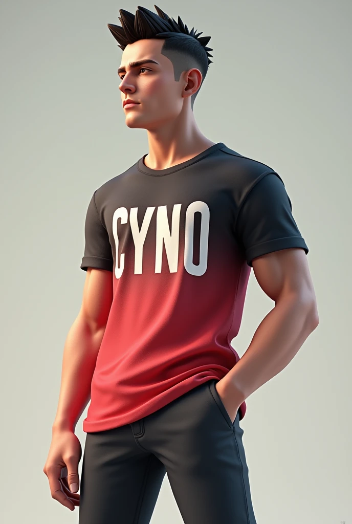 Handsome 3d guy
Wearing black and yellow red  t-shirts 
Name on t-shirt cyno
And 18 year old 
