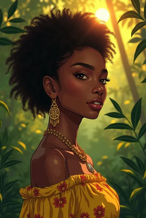  Create an illustration of a woman that embodies the serenity and enchantment described in Michael Jacksons Liberian Girl.  She must have a natural beauty ,  with elegant and mysterious features ,  reflecting an aura of softness and grace .  Her gaze trans...