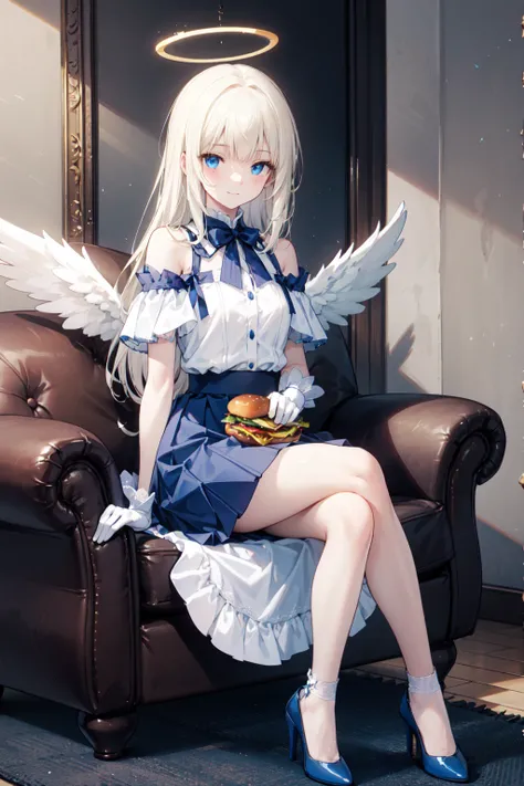  Very detailed ,   masterpiece  ,     is the best quality , ,     Soft Smile , Smile gently,  Modern style living room ， blue eyes,   long hair , blond,  bangs, Halo， blue and white off-shoulder pleated skirt，white lace socks 、Blue high heels、White gloves、...