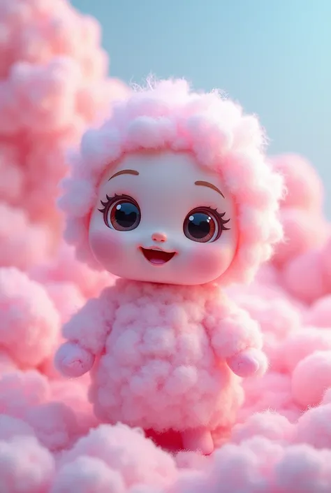 Make me a picture of an animated doll made of cotton candy 