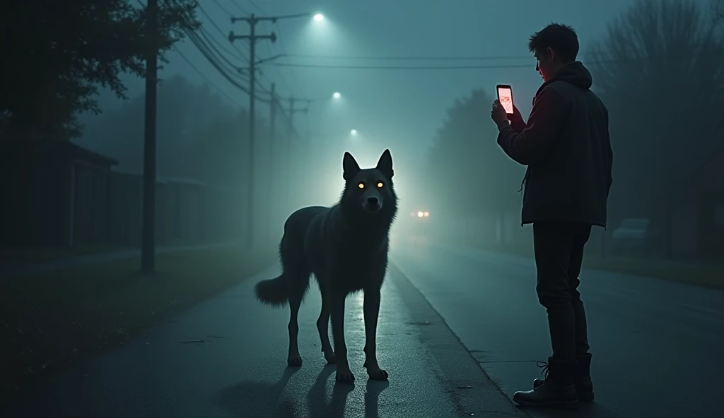 "A modern, eerie scene where a dog is standing in the middle of a quiet street at night, bathed in the glow of streetlights. The dog’s eyes are glowing unnaturally, and its body seems to flicker between human and animal features. A young person, holding a ...