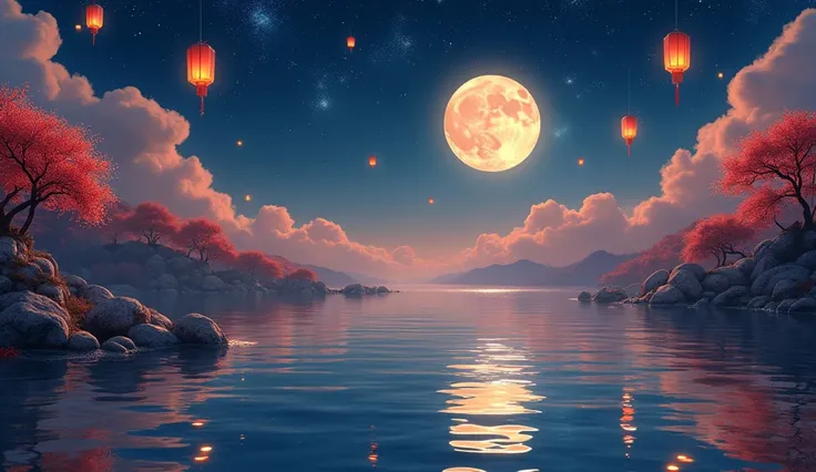 Night of，moon cake, Auspicious clouds,Kongming Lantern，River Water， galaxy，Star Ocean，moon，Mid-Autumn Festival，moon，Warm colors, soft lighting ， Abstract Image,  movie lights， elaborate detail 、Japanese style、Japan、リアルなイラスト