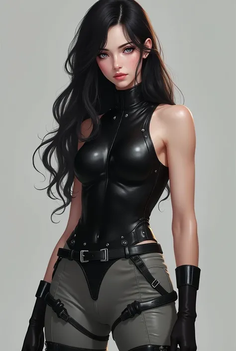 Jovem Mercenaria with long wavy black hair  ,pale skin , muscular body  ,gray eyes,  tight black body with high collar fully closed front without necklines with sleeveless silver details ,  Loose gray pants with dark details with tight ankles ,Delicate fac...