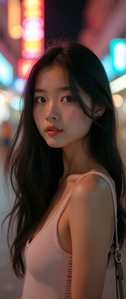  a Chinese girl， Upper Body Photo ，Close shot，Authentic style ， realistic style ，Low saturation， Film Texture ，Twenty years old ， cool wear in summer ， black hair，Very beautiful waist ， in shopping malls and walking streets at night， Light Smile ，Feminine ...