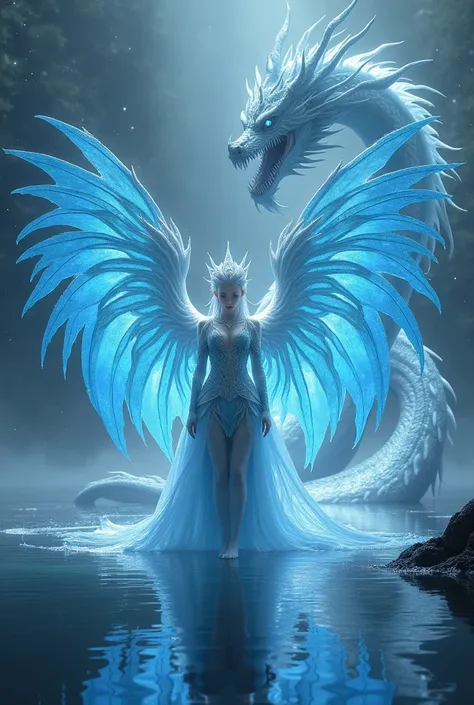 A realistic and beautiful asian ice queen with light Grey hair and light blue eyes wearing a short fantasy dress. She has huge blue wings she is standing majestically on the water of a dark lake and creating a giant dragon, scared night 