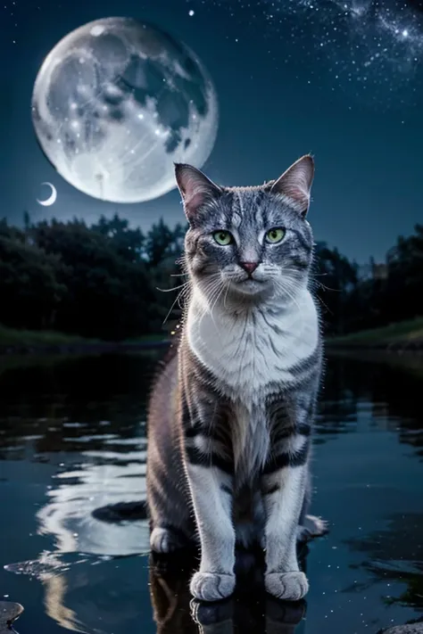 cat, charming,  that shows a comforting smile directed directly at the camera lens,  expressive eyes full of illusion  ,  reflection of the silver moon ,  the background houses an expressive night landscape ,  dotted with a multitude of stars and a bright ...