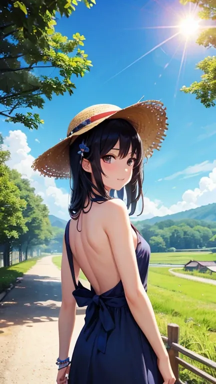 8k、 high definition、 realistic 、 reality、Realistic、 vivid colors 、 blue sky、summer、countryside、Japan、 1 girl 、summer服、 dress、 back view、 black hair、 straight hair、Ippondo、Dazzling Sun、 Straw Hat 、(( turn around ))、Wide angle of view、Under the blazing sun、