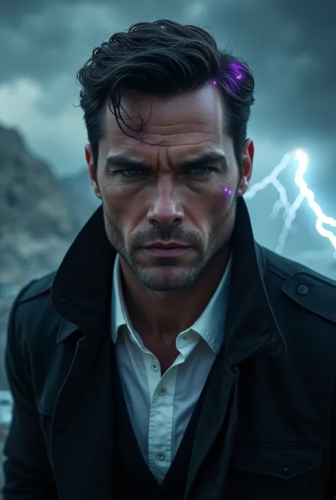  Attractive man similar to actor Henry Cavil :  with bright blue eyes,  a scar on the bridge of his nose , purple would be ,  short, black hair brushed backwards ,  wears a black jacket and white shirt .  He is in the middle of a storm with distant sparks