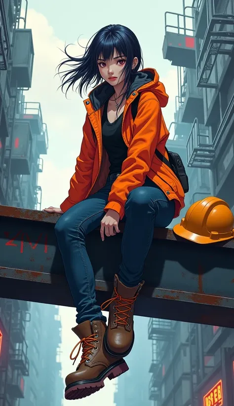 Girl sitting on a steel beam, wearing construction boots with a safety jacket and a helmet close by, cyberpunk, anime style 