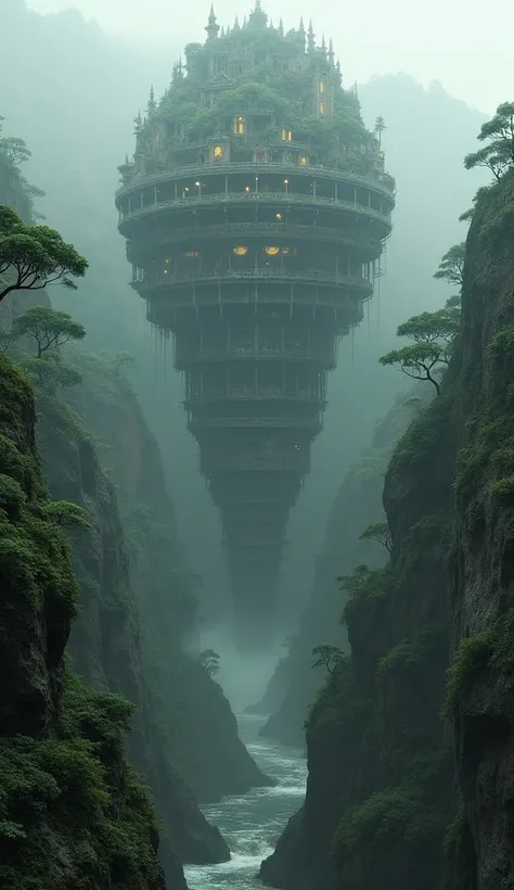  An immense structure similar to a vertical city built inside a gorge,  with layers of stone and metal platforms covered by moss and roots .  The surfaces show signs of abandonment , like rust ,  cracks and plants growing at every corner .  The atmosphere ...