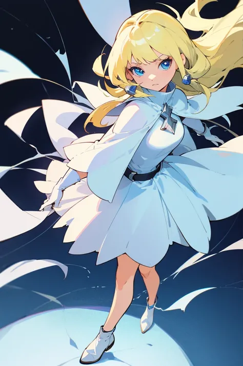 1girl, solo, looking at viewer, blue eyes, blonde hair, bangs, long hair, white capelet, white Dress, long sleeves, high collar, white elbow gloves, standing, full body
