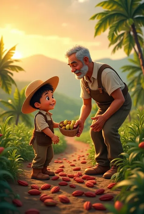       1: The father as a  on the farm with his grandfather
Description: A cacao farm at sunrise. A  boy, wearing simple work clothes and a straw hat, helps his grandfather, an elderly man with a gray mustache and wise eyes, collect cacao pods. Both are smi...