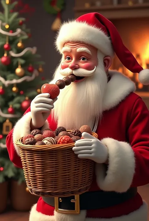 A Santa Claus png with a basket from the brand called Cacau Show and he is eating a candy 