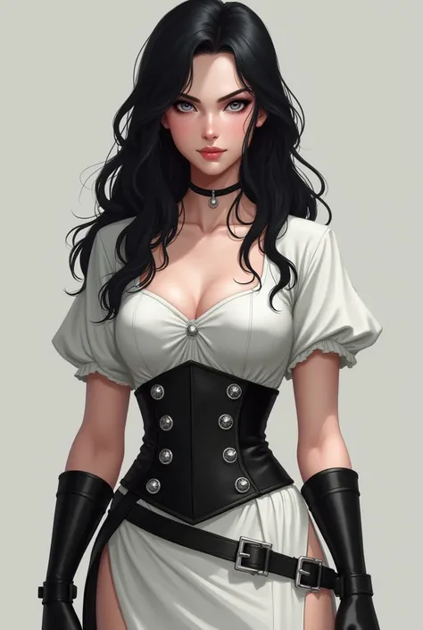 Jovem Mercenaria with long wavy black hair  ,pale skin , muscular body  ,gray eyes,  simple white dress with silver details and lightweight shoulder to shoulder sleeves , black leather corset at the waist  , half finger gloves covering up to the wrist in b...