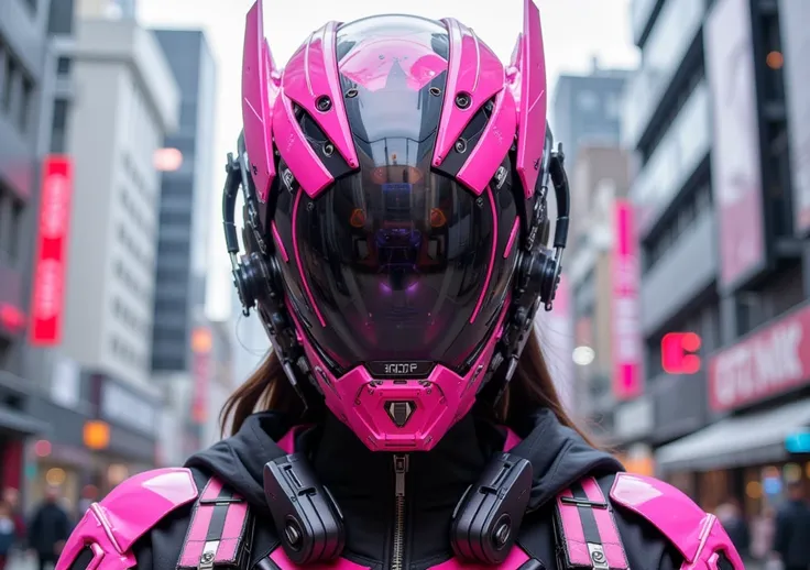 Cyber pink woman with tecnologic suit, black and pink closed face helmet, mechanical details