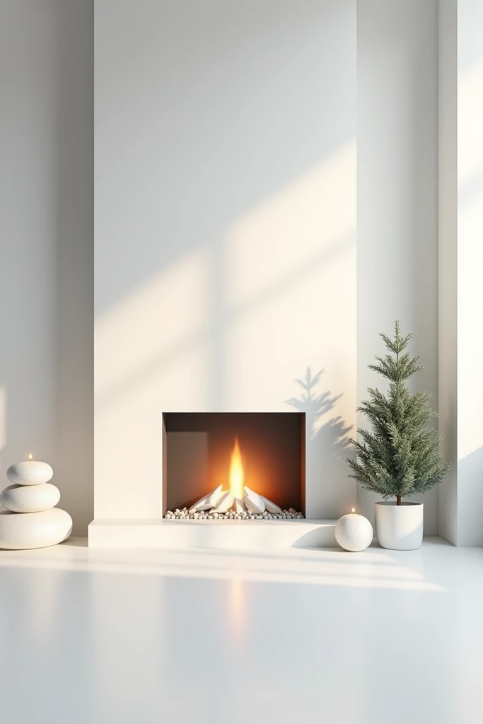 Christmas fireplace,  inside a white house, clearly , no warm lights ,  shapes with Christmas decorations