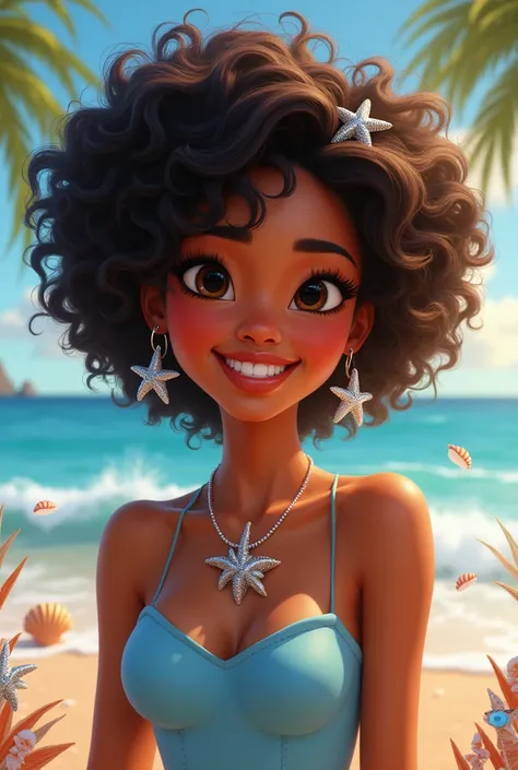 You can make a Disney Pixar style image of an affrorized brunette with silver beach accessories such as snails and starfish on her birthday dressed in sky blue